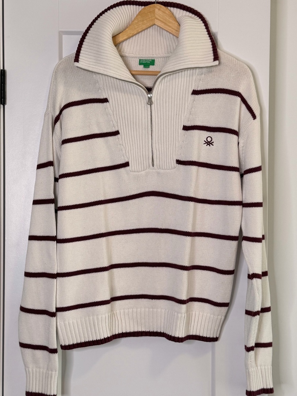 🩵2 for 30-United Colors Of Benetton Cream Stripe Half-Zip Sweater